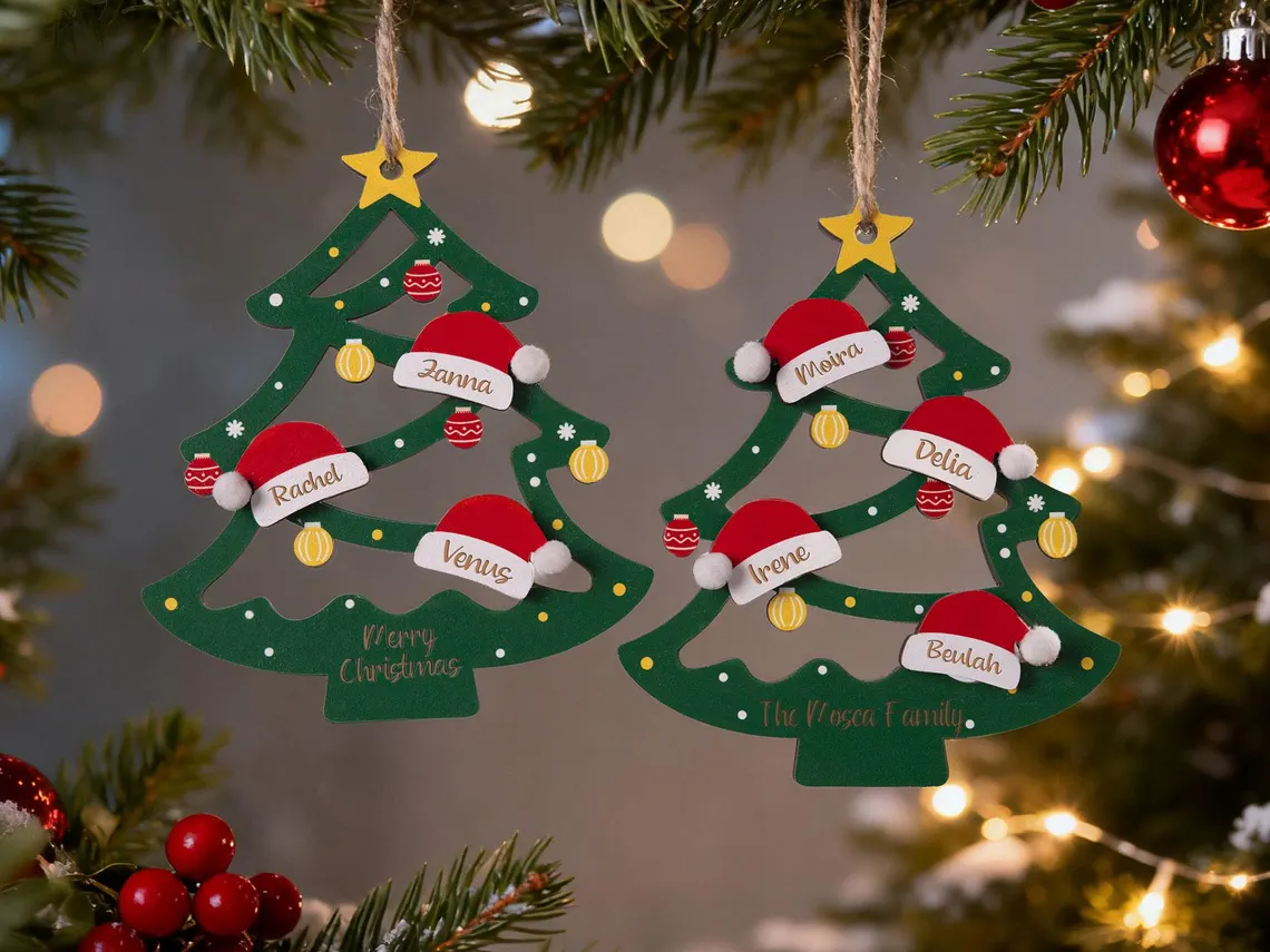 2025 Personalized Wooden Family Christmas Tree Ornament – Names on Hats - Image 4