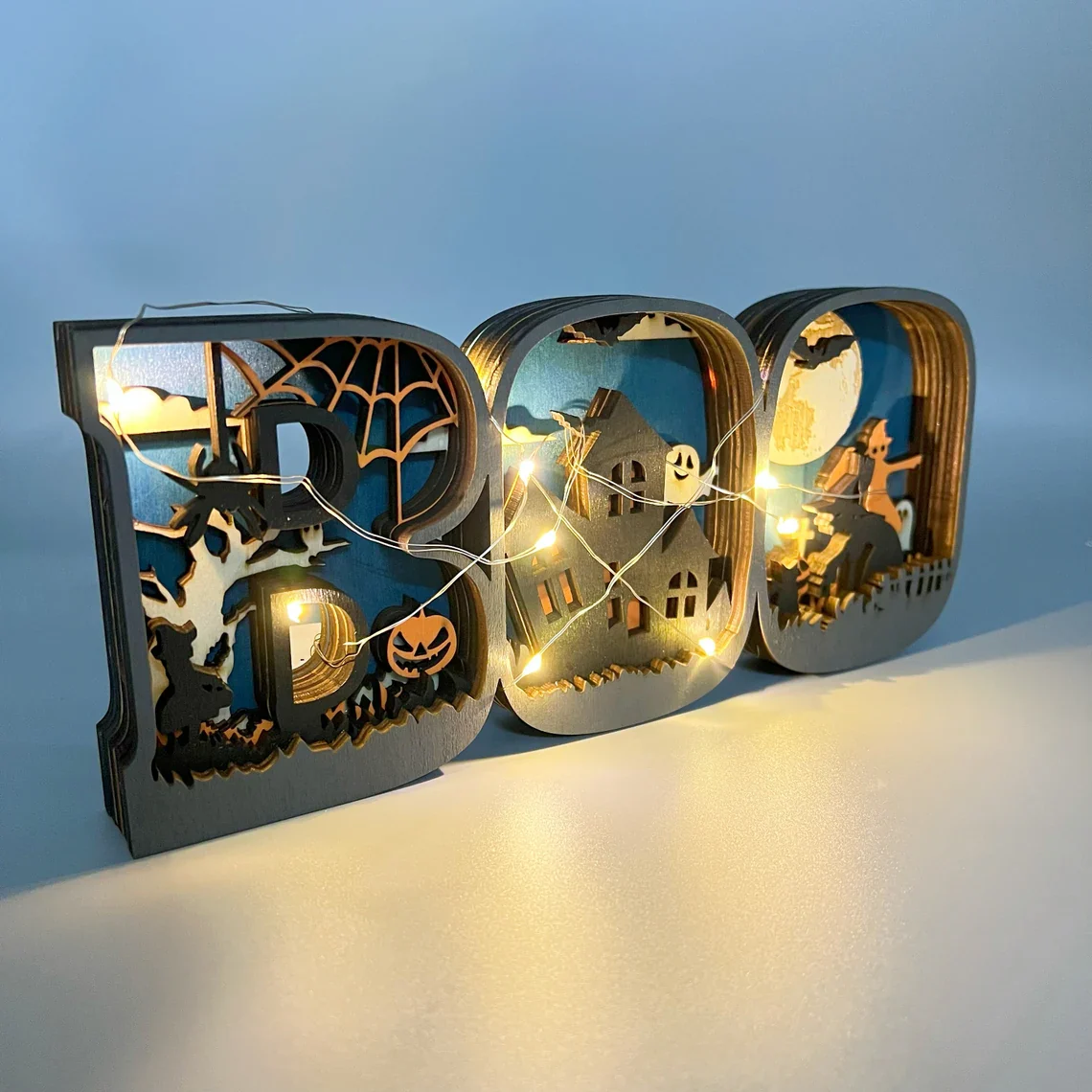 3D Wooden BOO Sign Lamp – Halloween Tabletop & Wall Decoration - Image 5