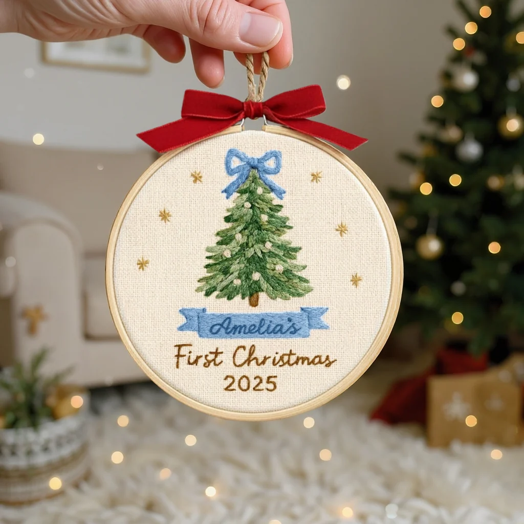 Baby’s First Christmas Embroidery Ornament | Pink & Blue Bow Tree - Image 2