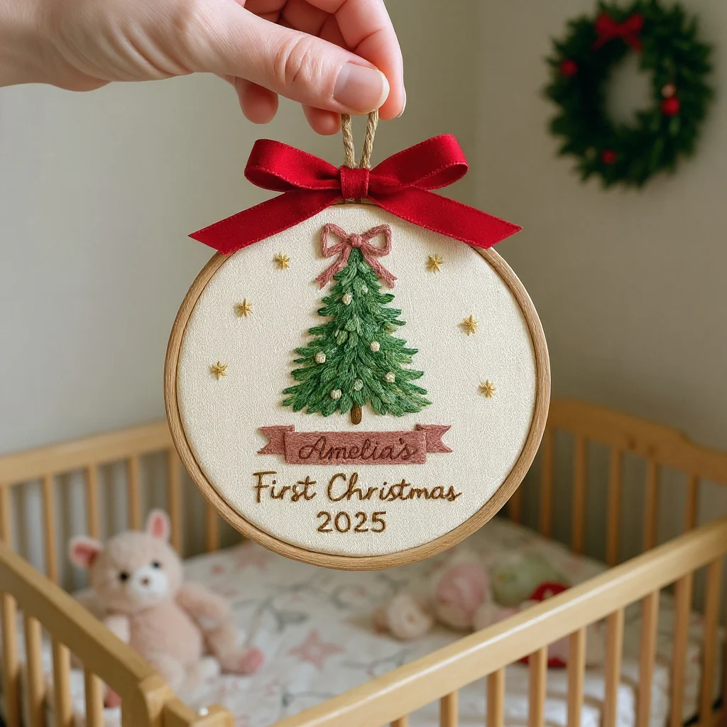 Baby’s First Christmas Embroidery Ornament | Pink & Blue Bow Tree - Image 3