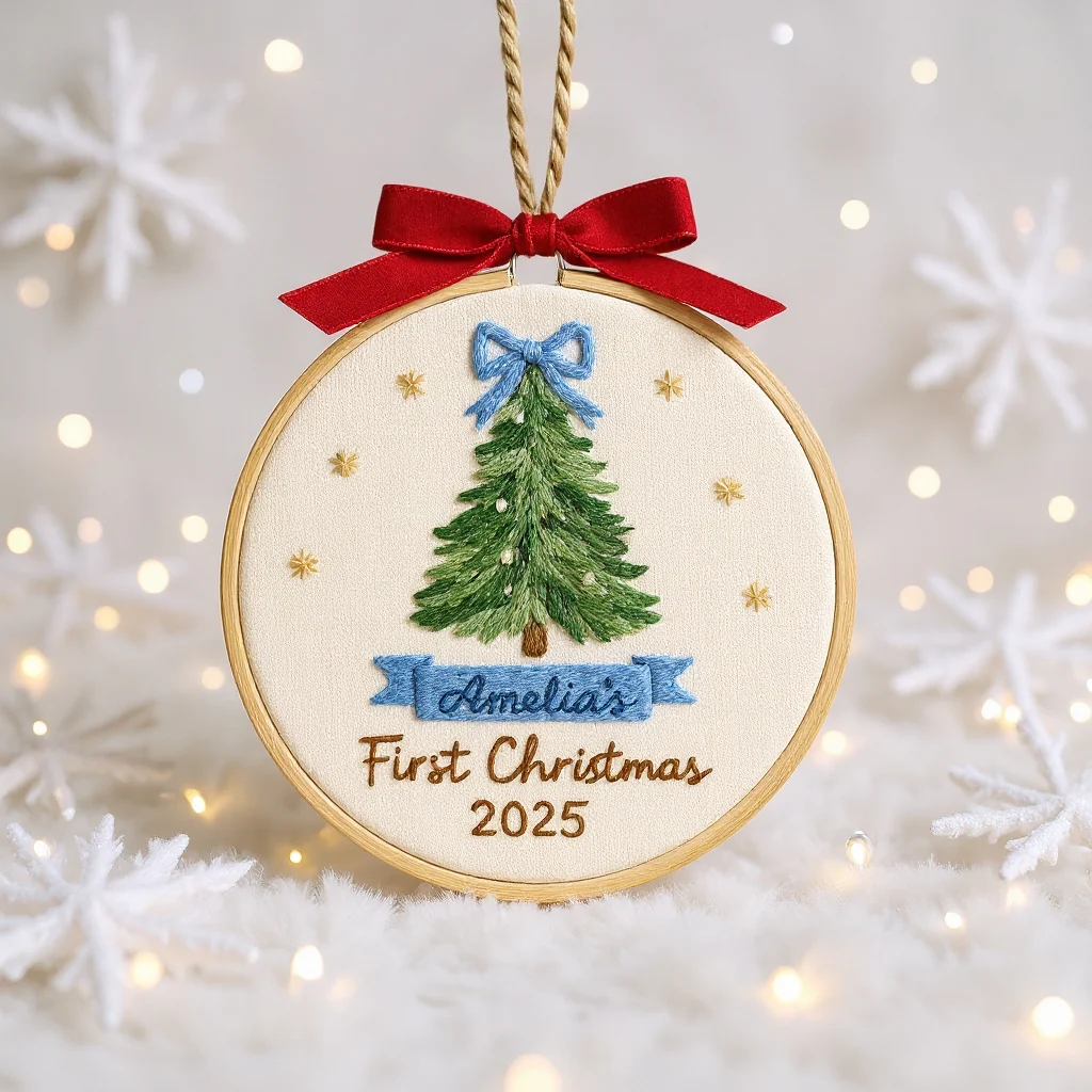 Baby’s First Christmas Embroidery Ornament | Pink & Blue Bow Tree - Image 4