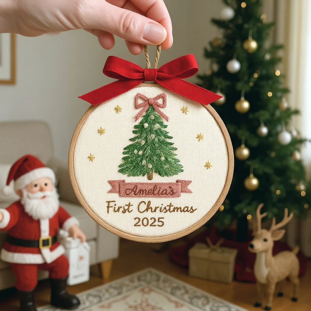 Baby’s First Christmas Embroidery Ornament | Pink & Blue Bow Tree - Image 5