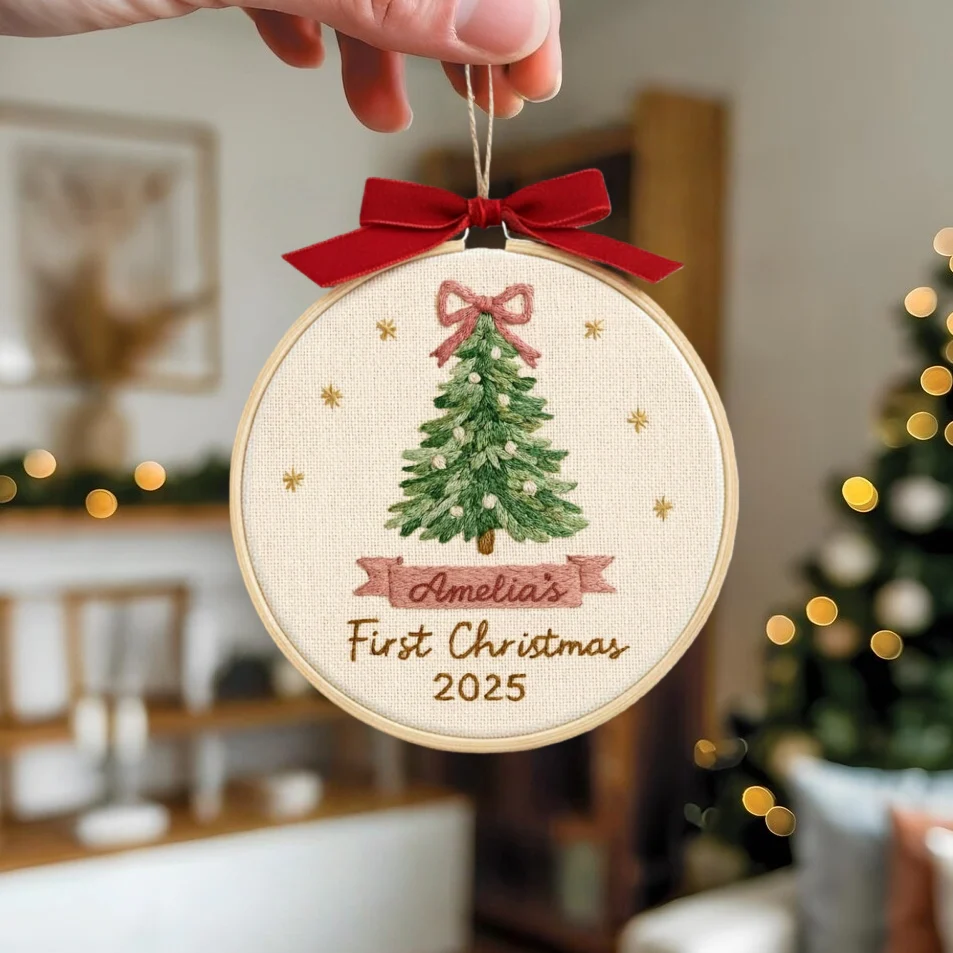 Baby’s First Christmas Embroidery Ornament | Pink & Blue Bow Tree - Image 6