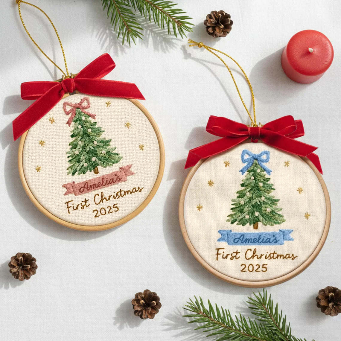 Baby’s First Christmas Embroidery Ornament | Pink & Blue Bow Tree - Image 7