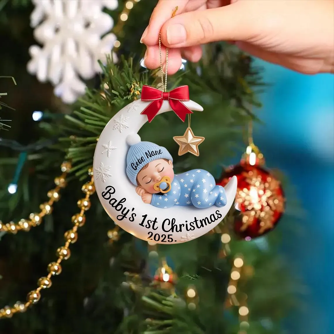 Baby’s First Christmas Ornament | Moon Acrylic Keepsake | Personalized Newborn Gift - Image 2