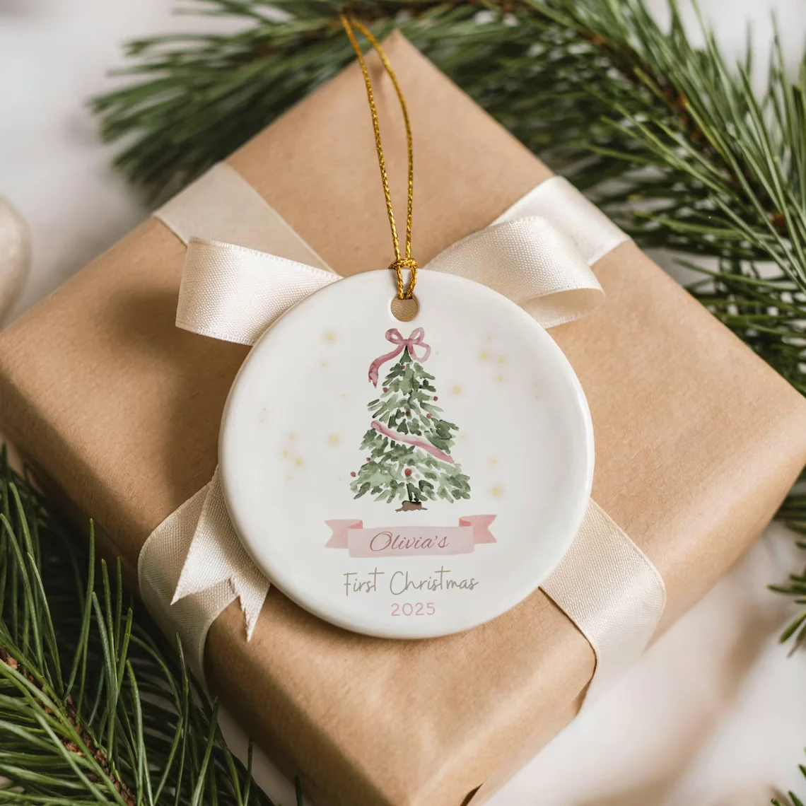 Baby’s First Christmas Ornament 2025 | Pink or Blue Bow Ceramic Keepsake - Image 3