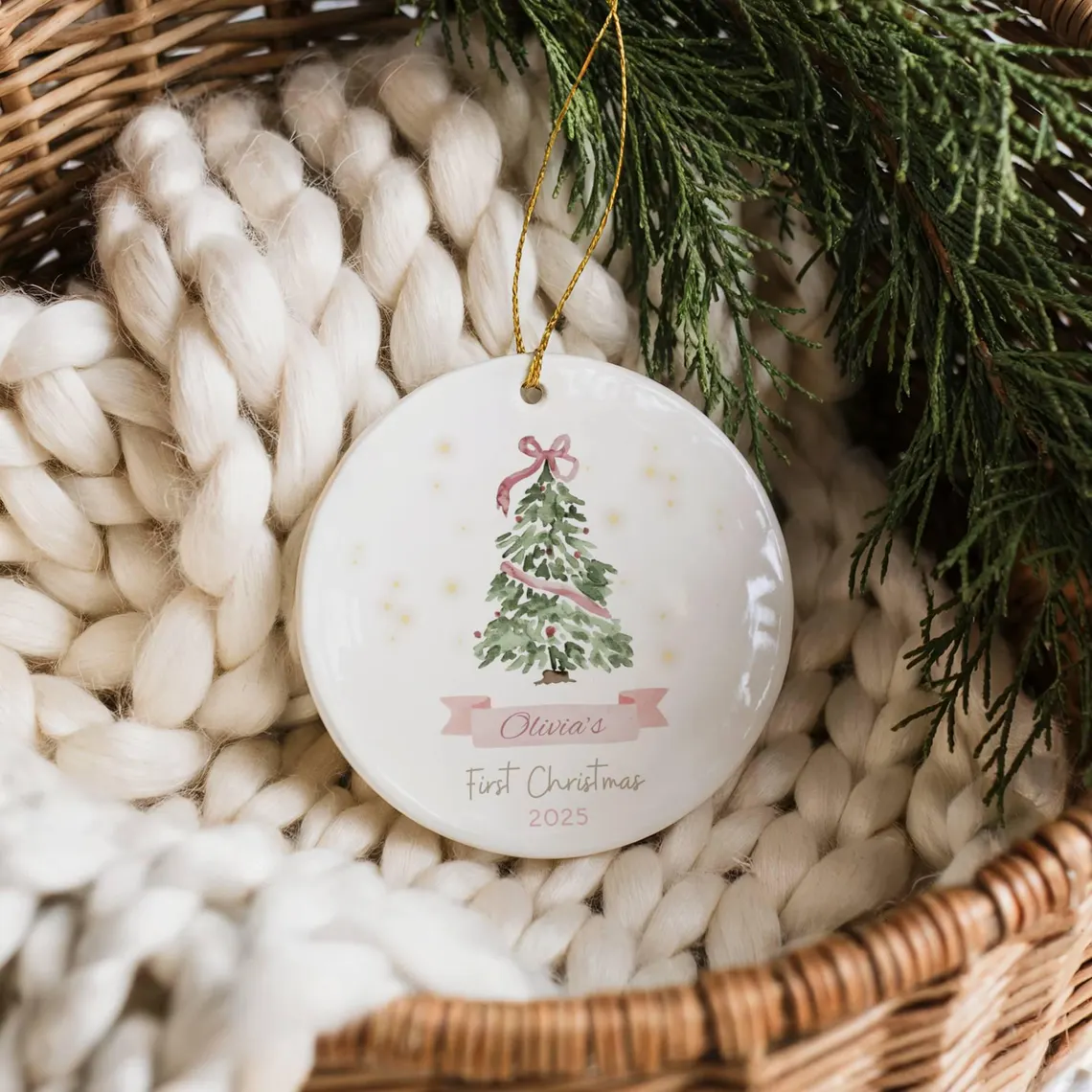 Baby’s First Christmas Ornament 2025 | Pink or Blue Bow Ceramic Keepsake - Image 4