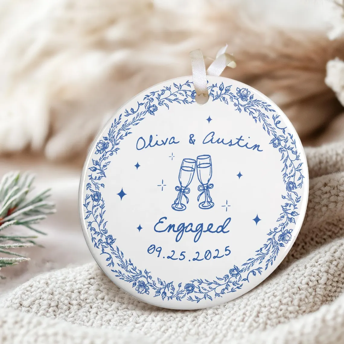 Chinoiserie Ceramic Engagement Ornament – Blue Toile Newlywed Gift - Image 3