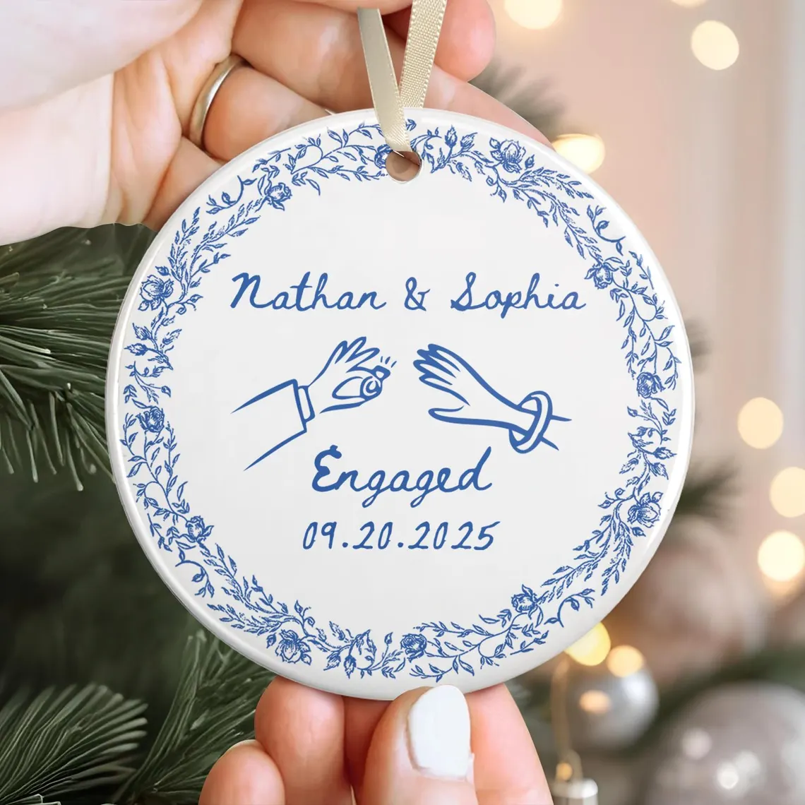Chinoiserie Ceramic Engagement Ornament – Blue Toile Newlywed Gift - Image 4