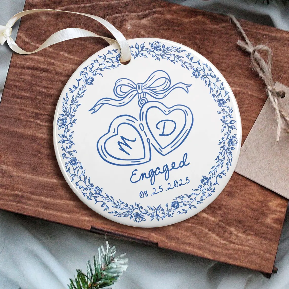 Chinoiserie Ceramic Engagement Ornament – Blue Toile Newlywed Gift - Image 5