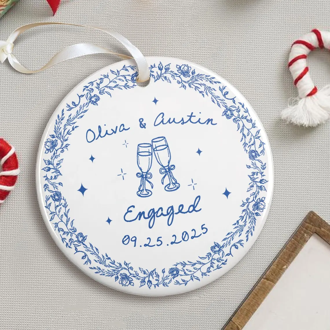 Chinoiserie Ceramic Engagement Ornament – Blue Toile Newlywed Gift - Image 6