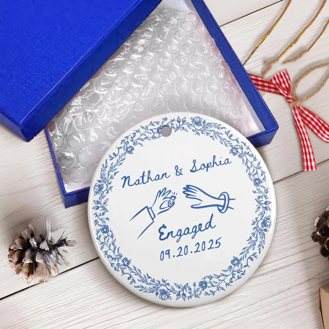 Chinoiserie Ceramic Engagement Ornament – Blue Toile Newlywed Gift - Image 7