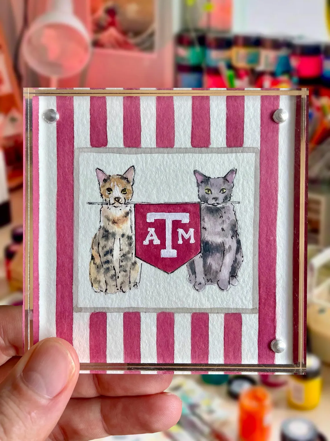 Custom 4x4” Pet Portrait – Watercolor Effect in Acrylic Frame with College Flag - Image 3