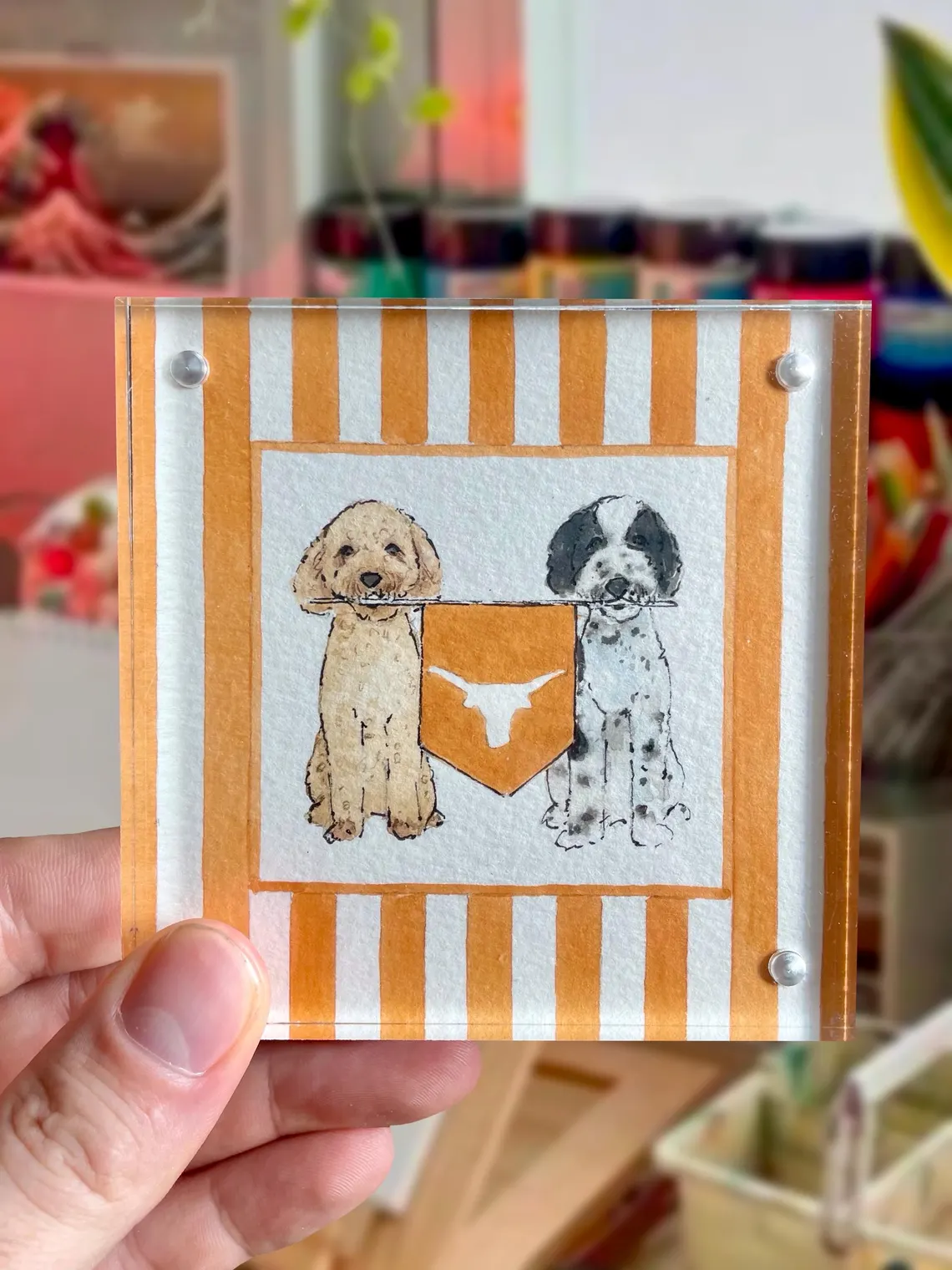 Custom 4x4” Pet Portrait – Watercolor Effect in Acrylic Frame with College Flag - Image 4