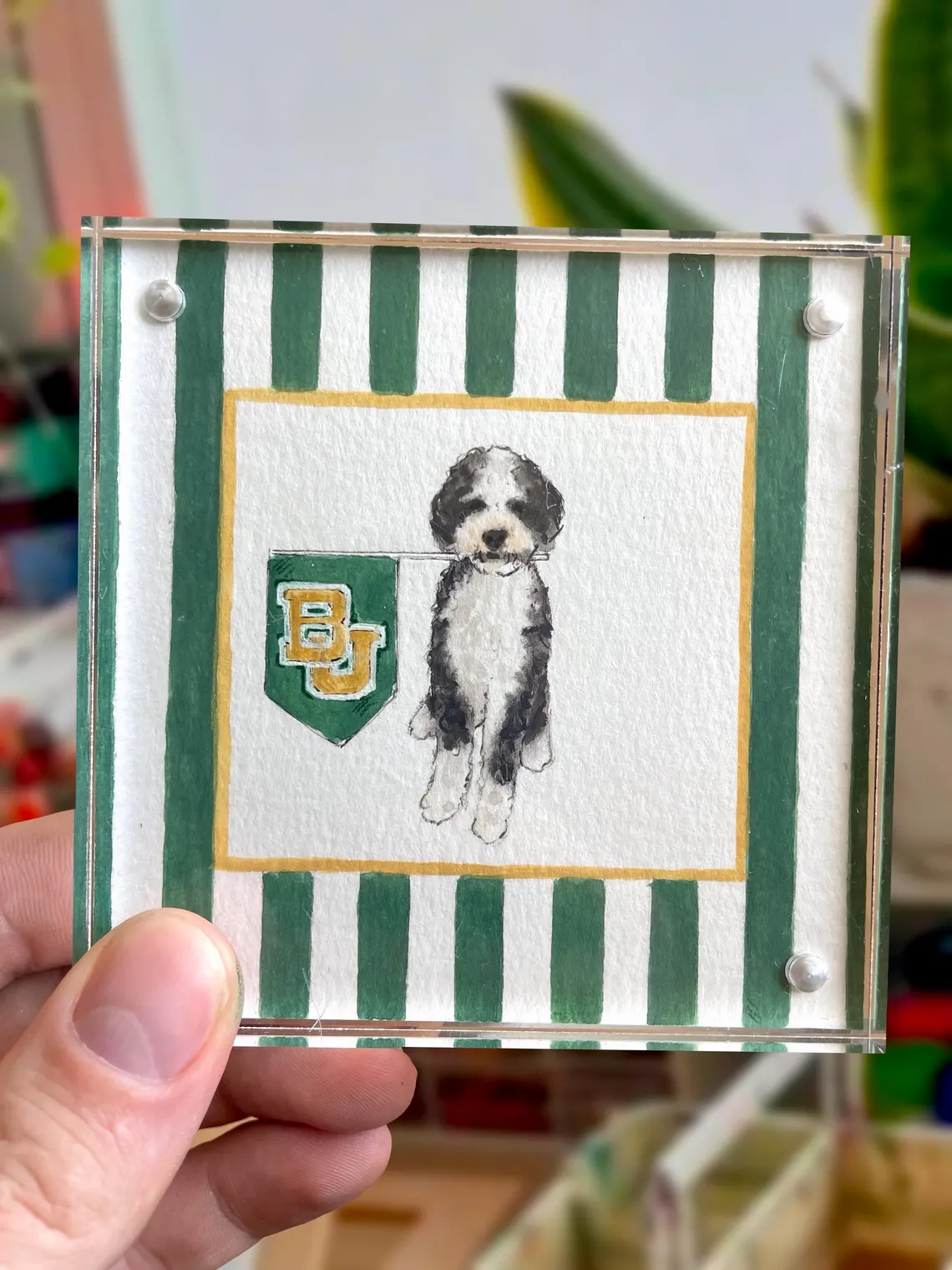 Custom 4x4” Pet Portrait – Watercolor Effect in Acrylic Frame with College Flag - Image 5