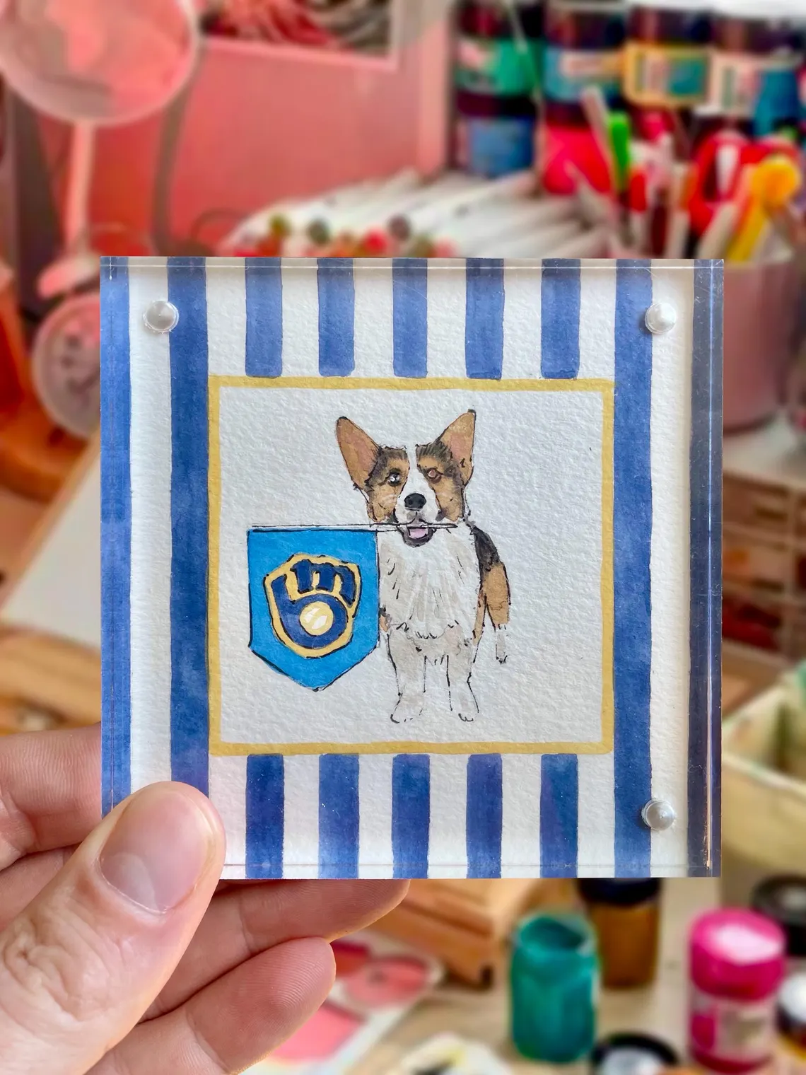 Custom 4x4” Pet Portrait – Watercolor Effect in Acrylic Frame with College Flag - Image 6