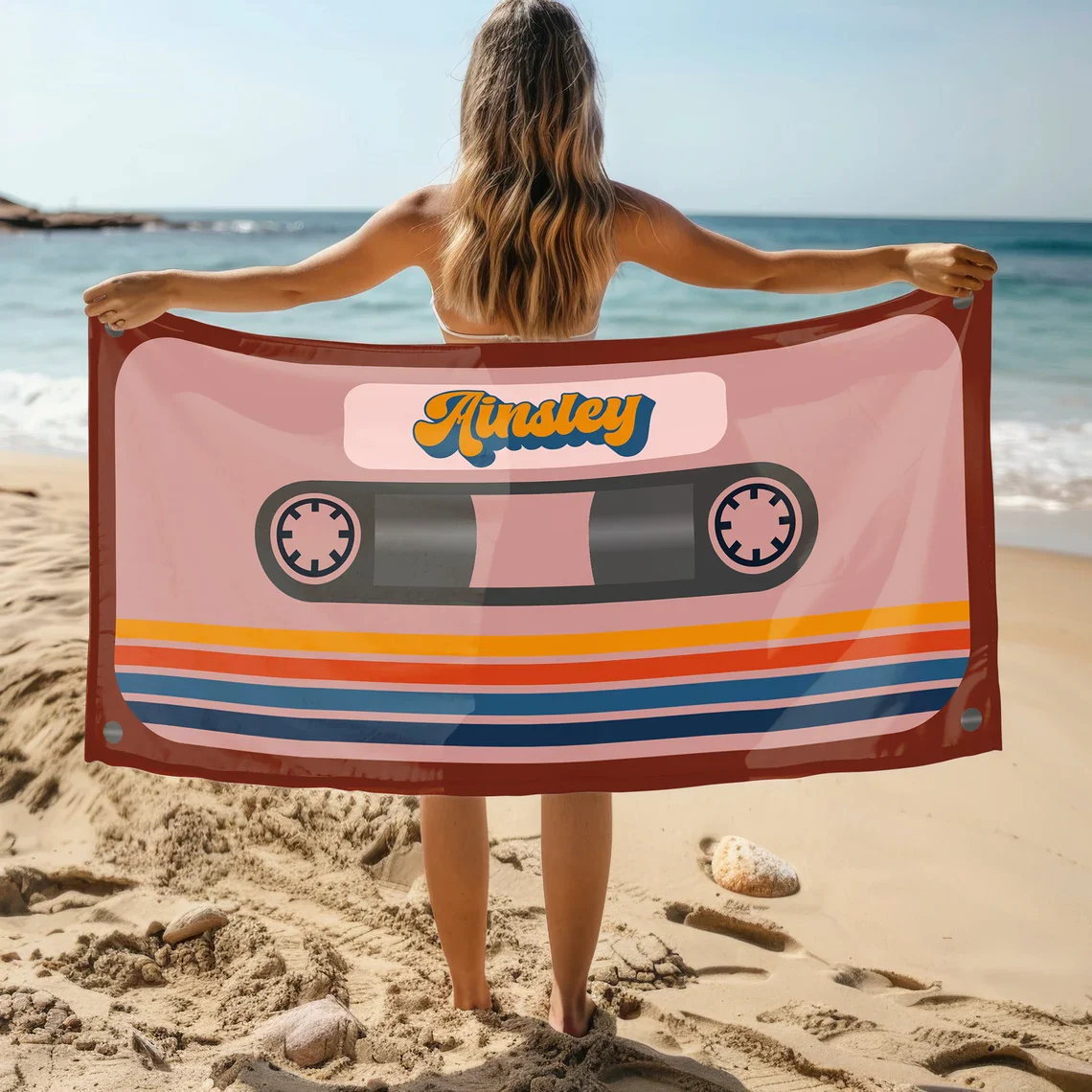 Personalized Retro Cassette Pattern Custom Name Beach Towel Pool Beach Bath - Image 3
