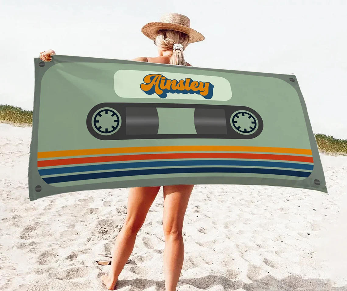 Personalized Retro Cassette Pattern Custom Name Beach Towel Pool Beach Bath - Image 4