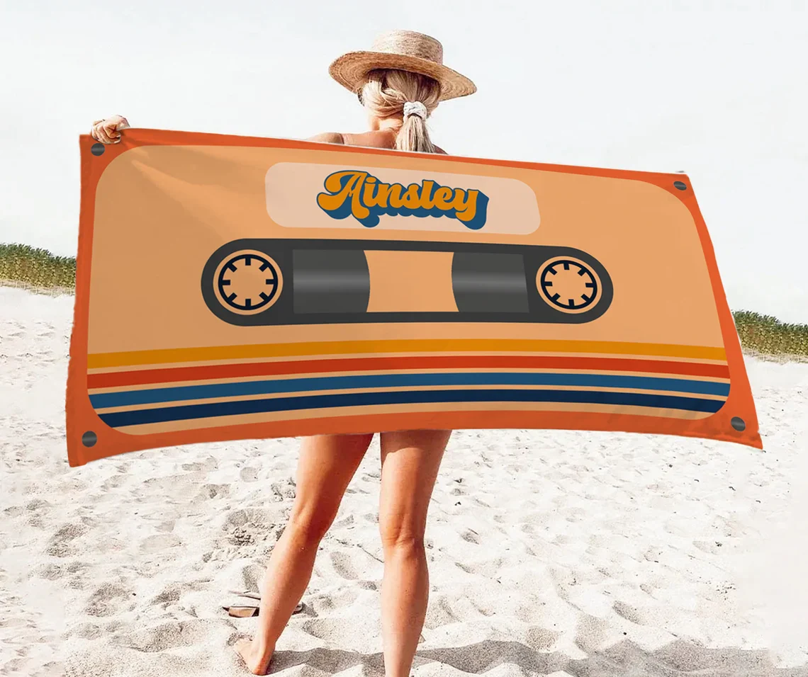 Personalized Retro Cassette Pattern Custom Name Beach Towel Pool Beach Bath - Image 5
