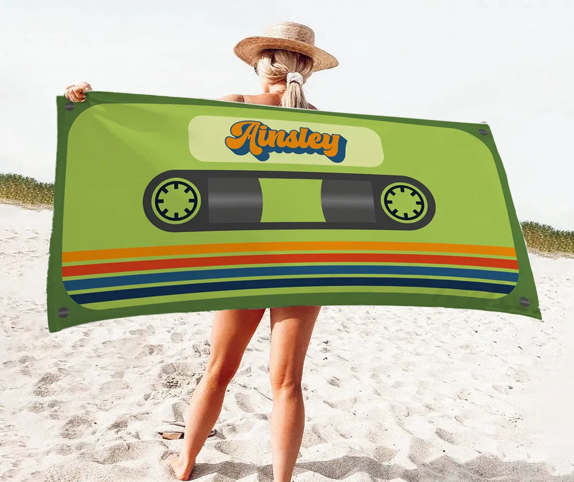 Personalized Retro Cassette Pattern Custom Name Beach Towel Pool Beach Bath - Image 6