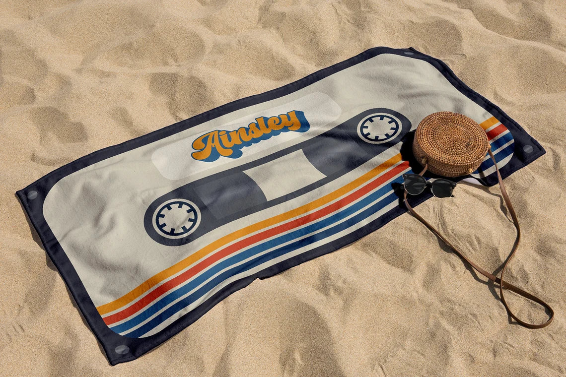 Personalized Retro Cassette Pattern Custom Name Beach Towel Pool Beach Bath - Image 7