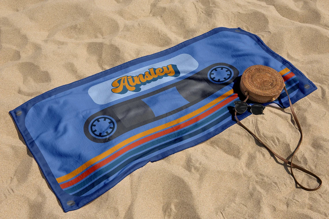 Personalized Retro Cassette Pattern Custom Name Beach Towel Pool Beach Bath - Image 8