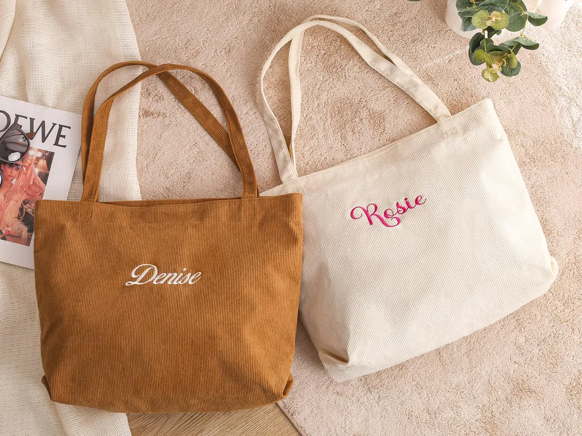 Custom Embroidered Corduroy Tote Bag – Name, Bridesmaid & Gift Bag - Image 3
