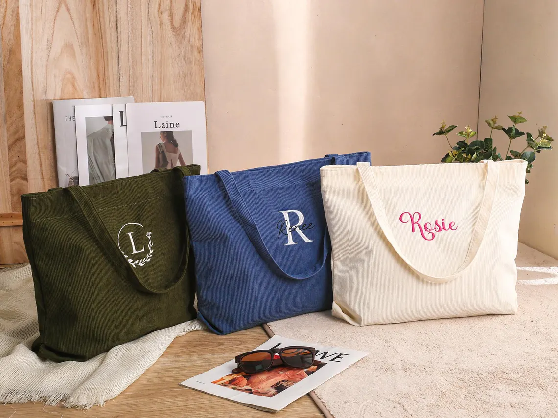 Custom Embroidered Corduroy Tote Bag – Name, Bridesmaid & Gift Bag - Image 5