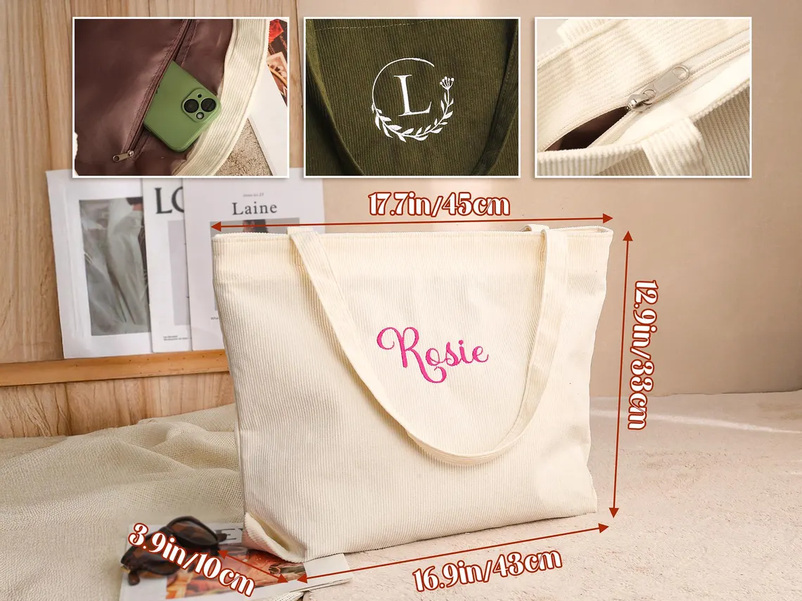 Custom Embroidered Corduroy Tote Bag – Name, Bridesmaid & Gift Bag - Image 9