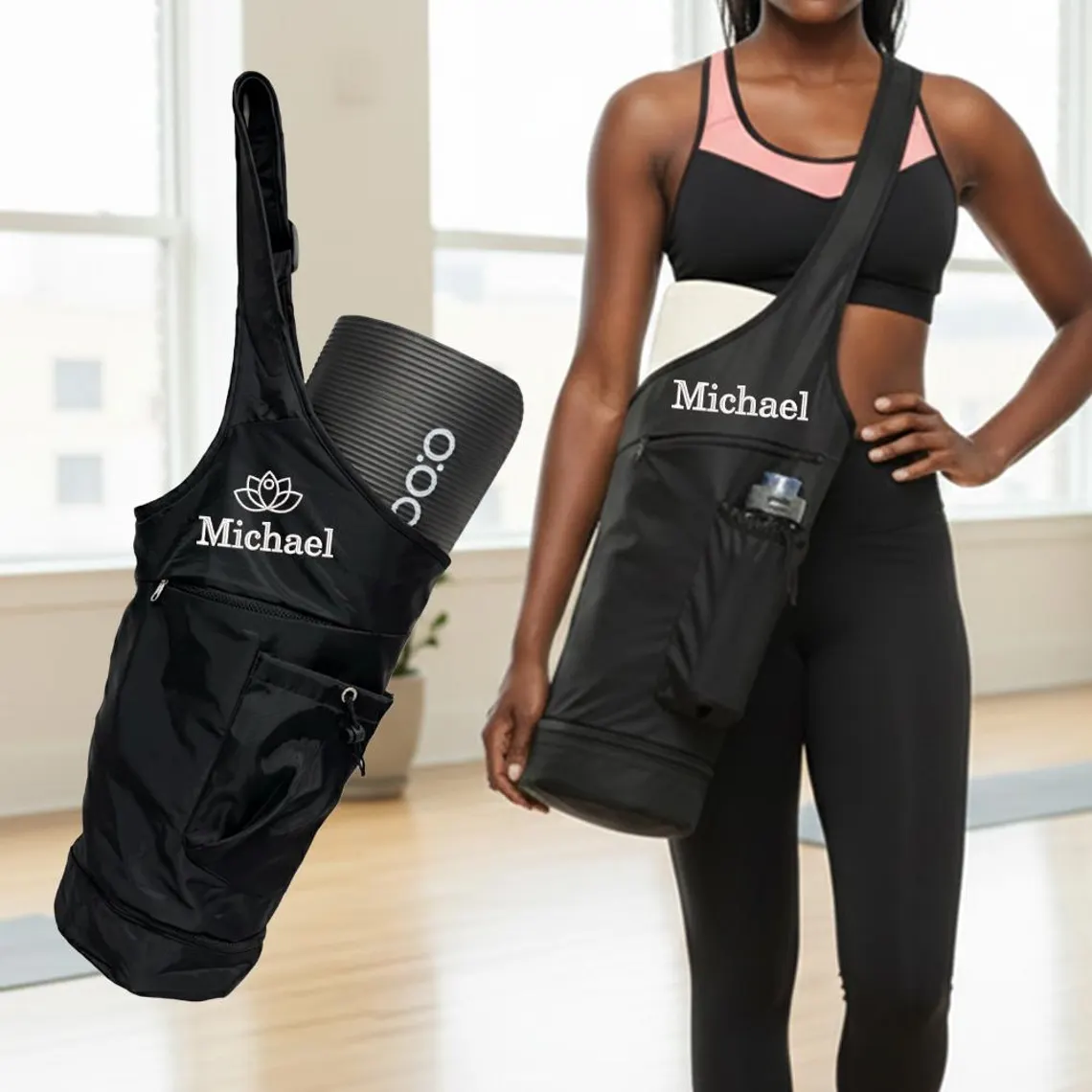 Custom Embroidered Yoga Mat Backpack – Waterproof Nylon Gym Bag