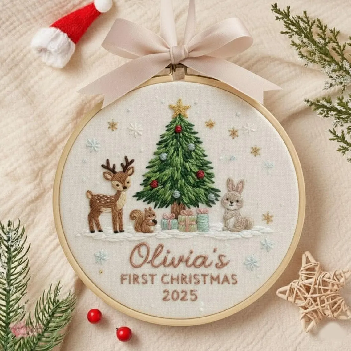 Custom Woodland Animal Baby’s 1st Christmas Embroidered Ornament - Image 4