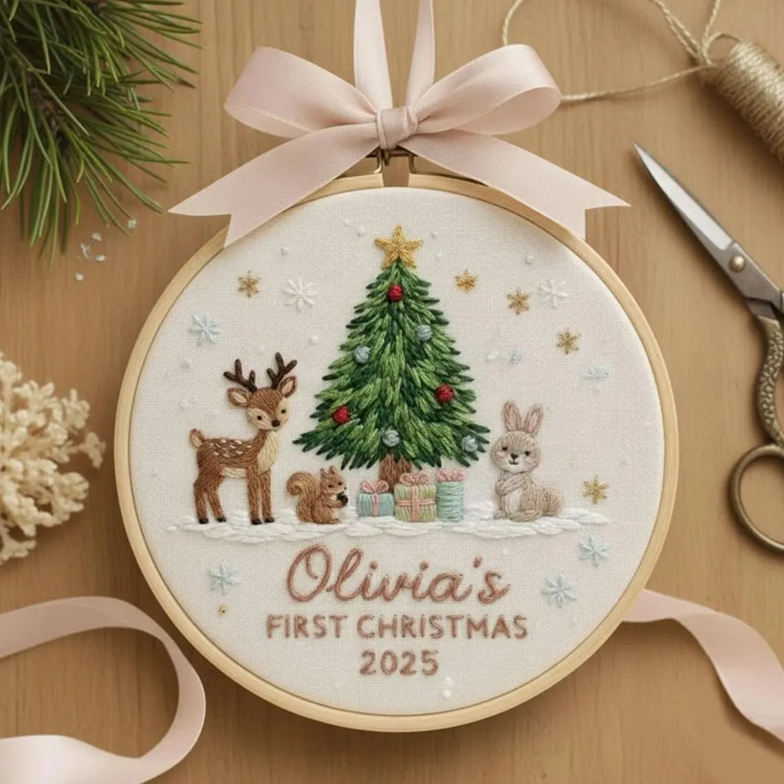 Custom Woodland Animal Baby’s 1st Christmas Embroidered Ornament - Image 5
