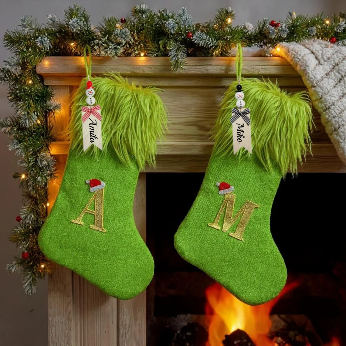 Elf-Inspired Green Fuzzy Christmas Stocking with Custom Name Tag