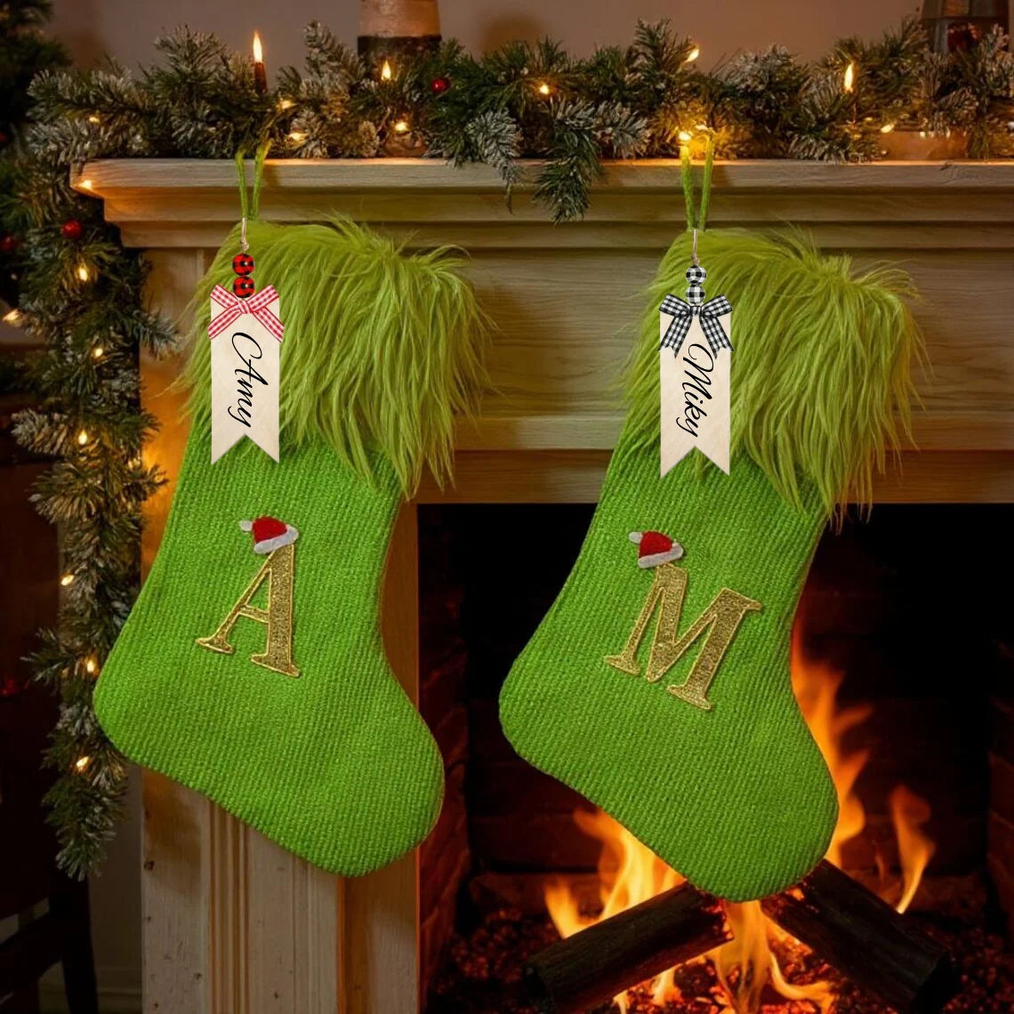 Elf-Inspired Green Fuzzy Christmas Stocking with Custom Name Tag - Image 2
