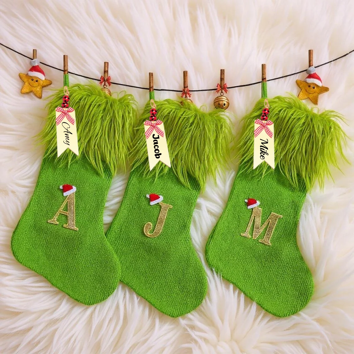 Elf-Inspired Green Fuzzy Christmas Stocking with Custom Name Tag - Image 3