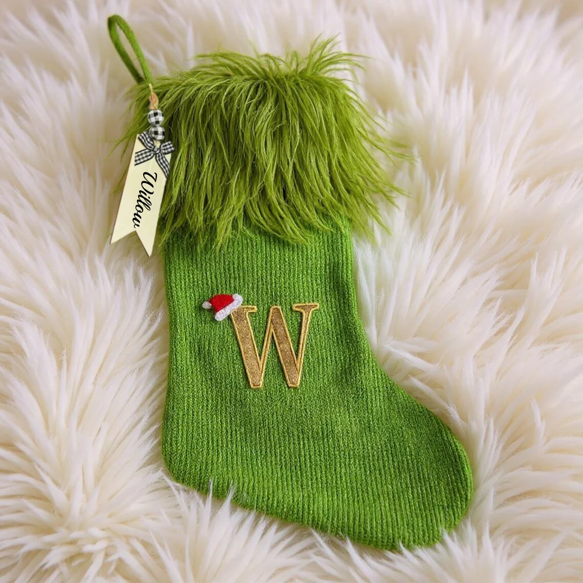 Elf-Inspired Green Fuzzy Christmas Stocking with Custom Name Tag - Image 4