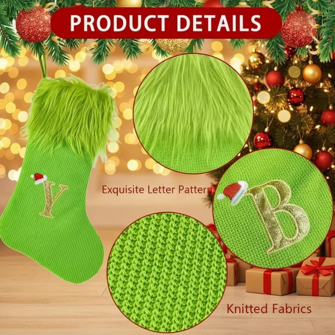 Elf-Inspired Green Fuzzy Christmas Stocking with Custom Name Tag - Image 5