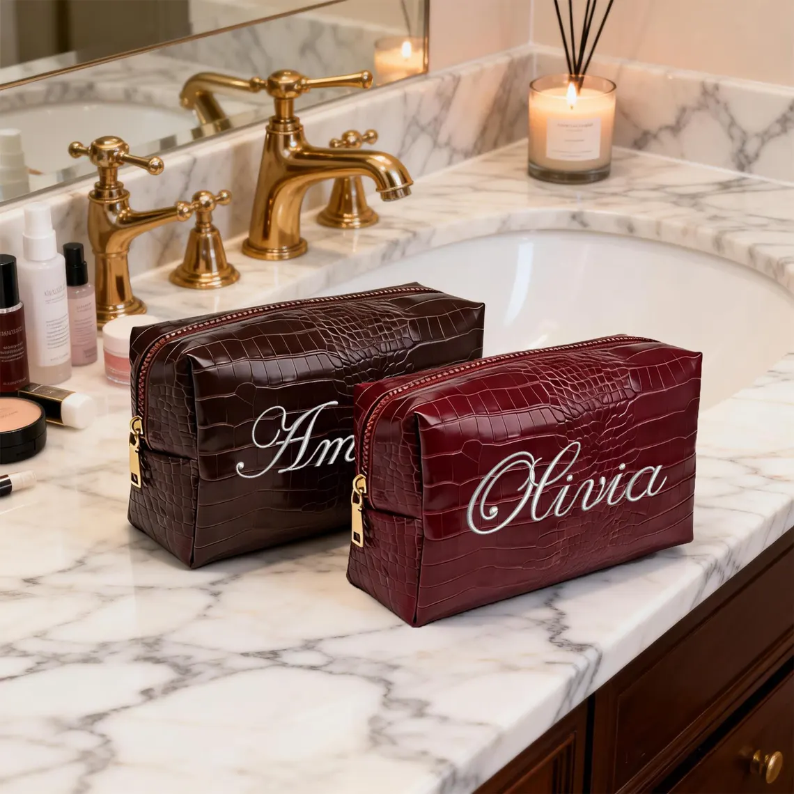 Embroidered Croc Vegan Leather Makeup Bag – Personalized Bridesmaid Gift