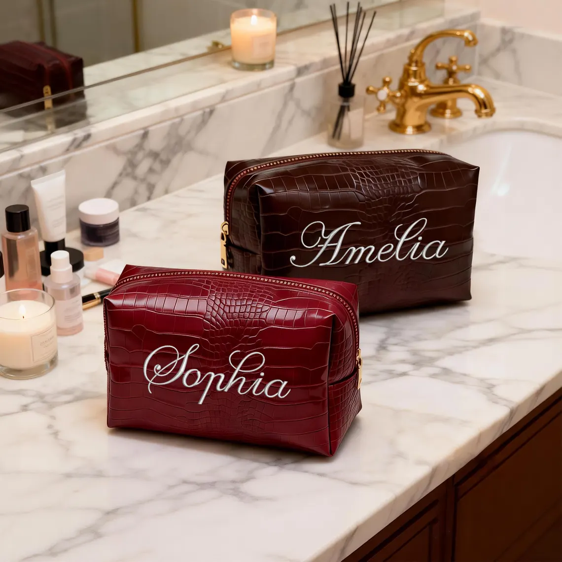 Embroidered Croc Vegan Leather Makeup Bag – Personalized Bridesmaid Gift - Image 2