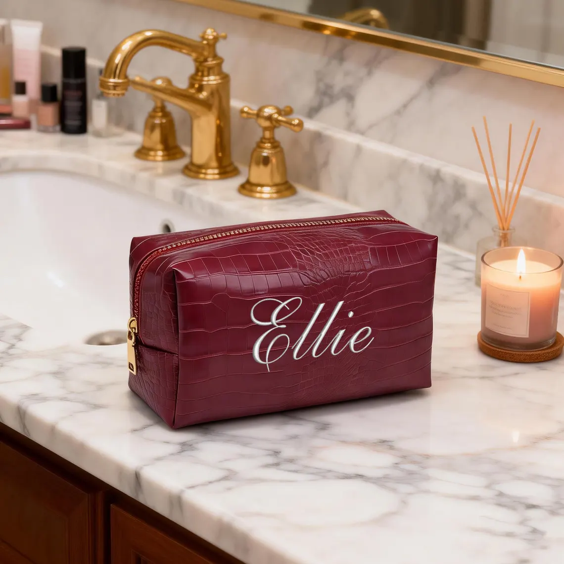 Embroidered Croc Vegan Leather Makeup Bag – Personalized Bridesmaid Gift - Image 3