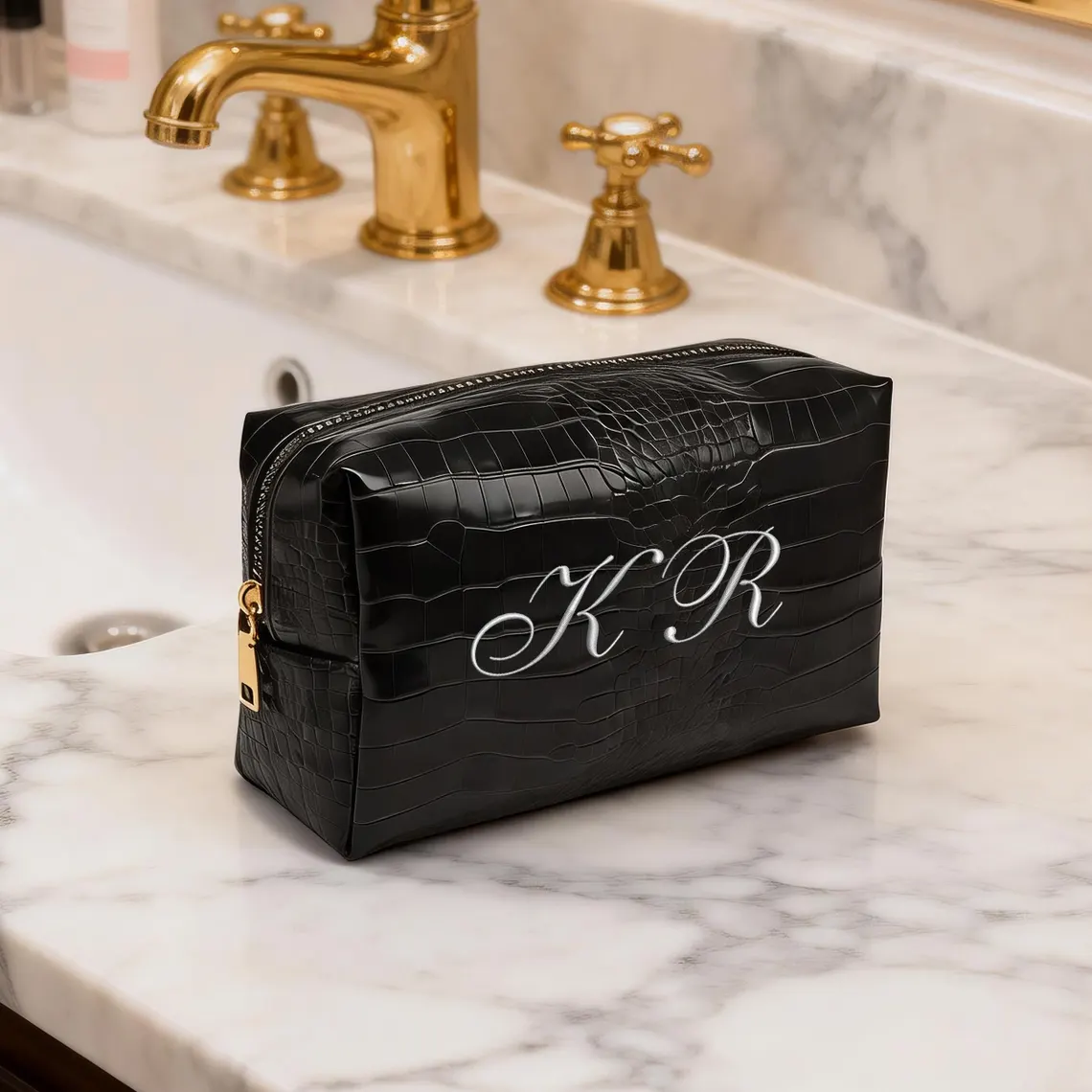 Embroidered Croc Vegan Leather Makeup Bag – Personalized Bridesmaid Gift - Image 4