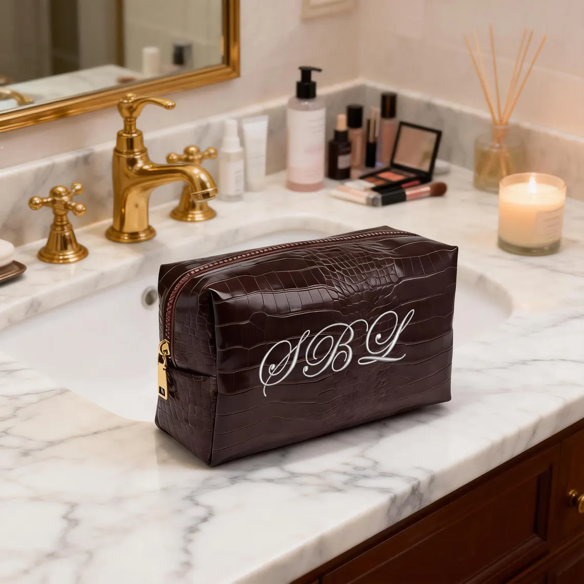 Embroidered Croc Vegan Leather Makeup Bag – Personalized Bridesmaid Gift - Image 5