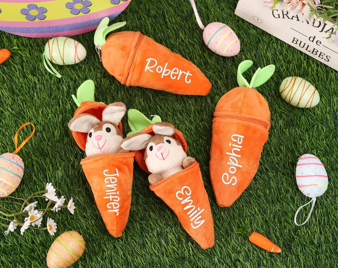Personalized Embroidered Bunny Rabbit Carrot Plush Toy - Easter Basket Stuffer for Kids - Image 4