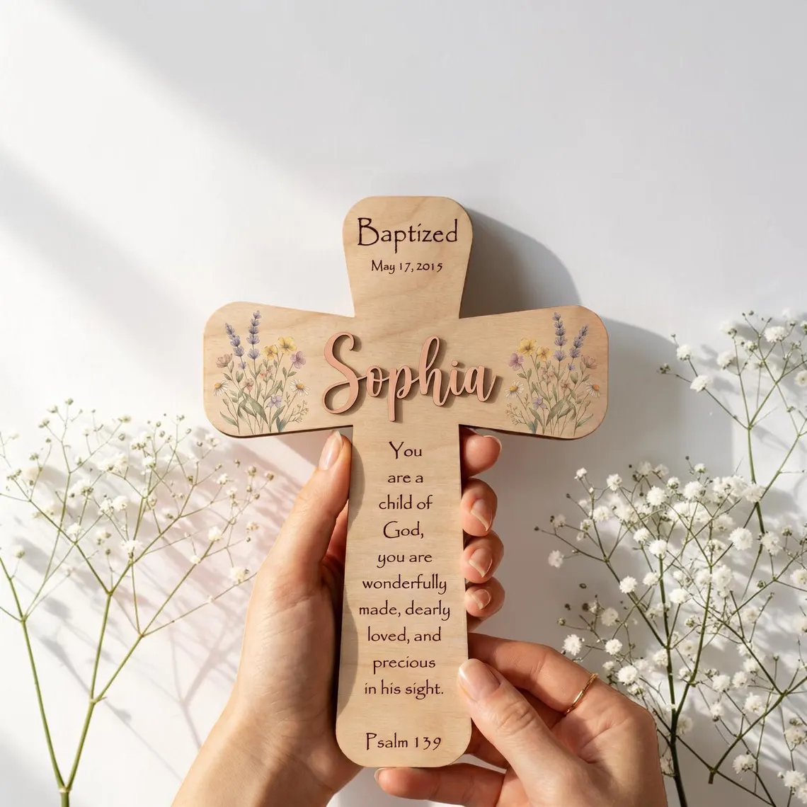 Floral Personalized Baptism Cross – Custom Name Baby Girl Gift