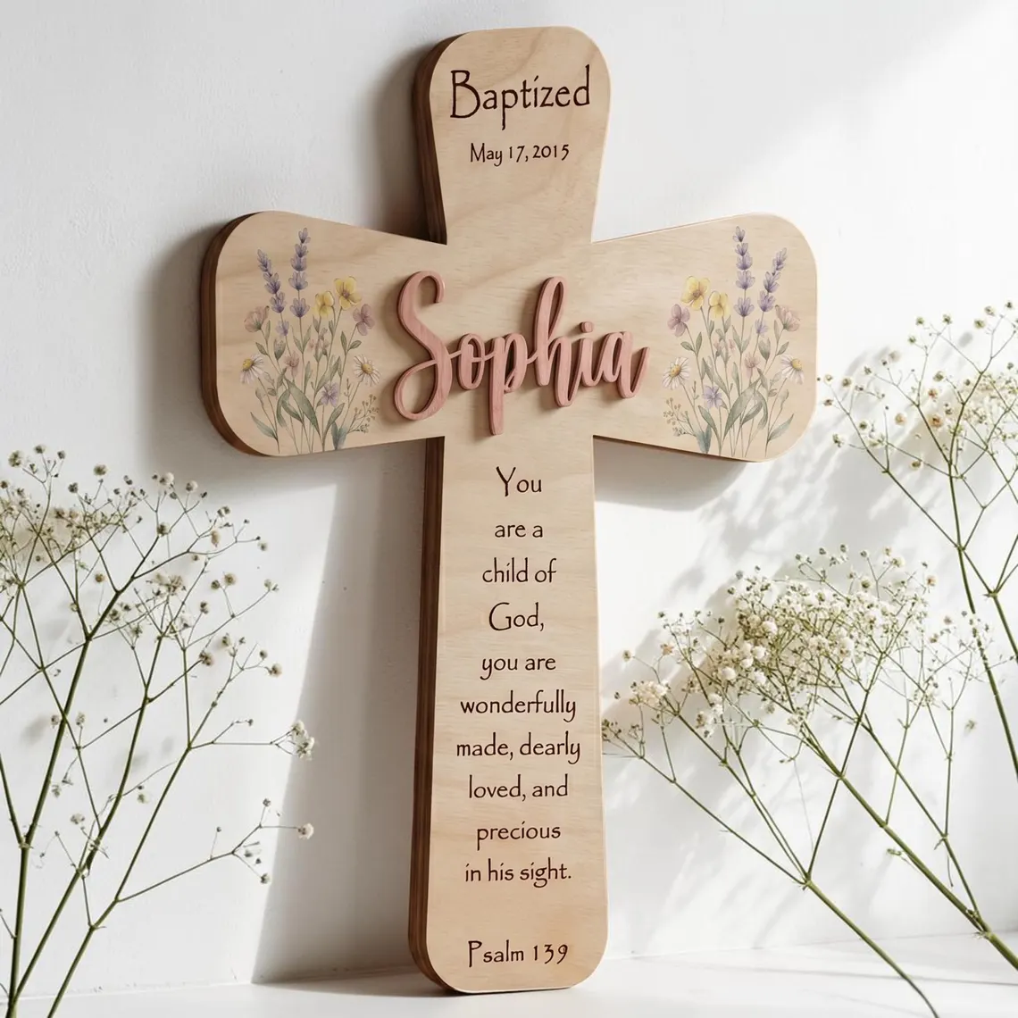 Floral Personalized Baptism Cross – Custom Name Baby Girl Gift - Image 2