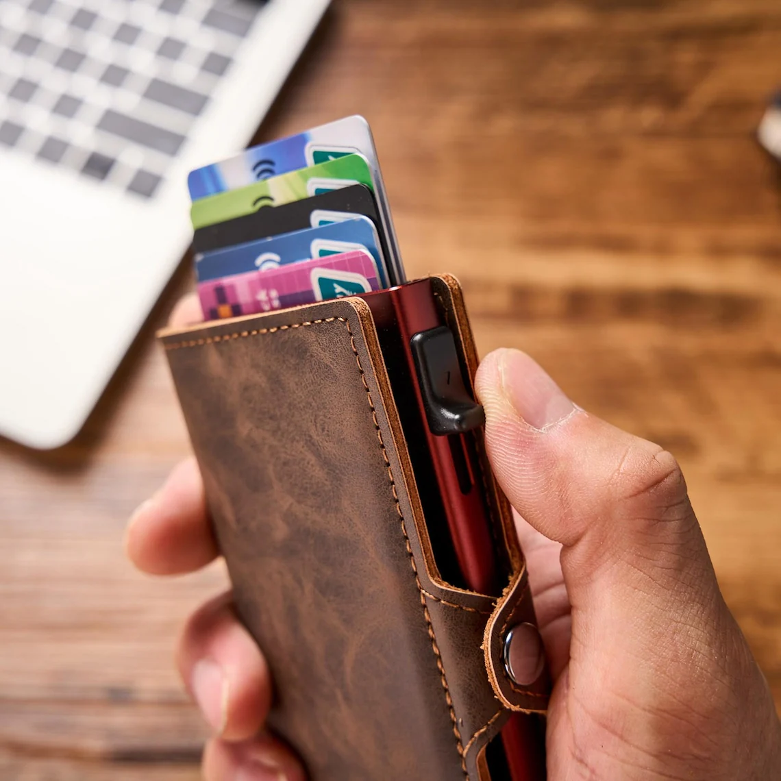 Leather Pop Up Wallet RFID | Personalized Mens Card Holder - Image 3