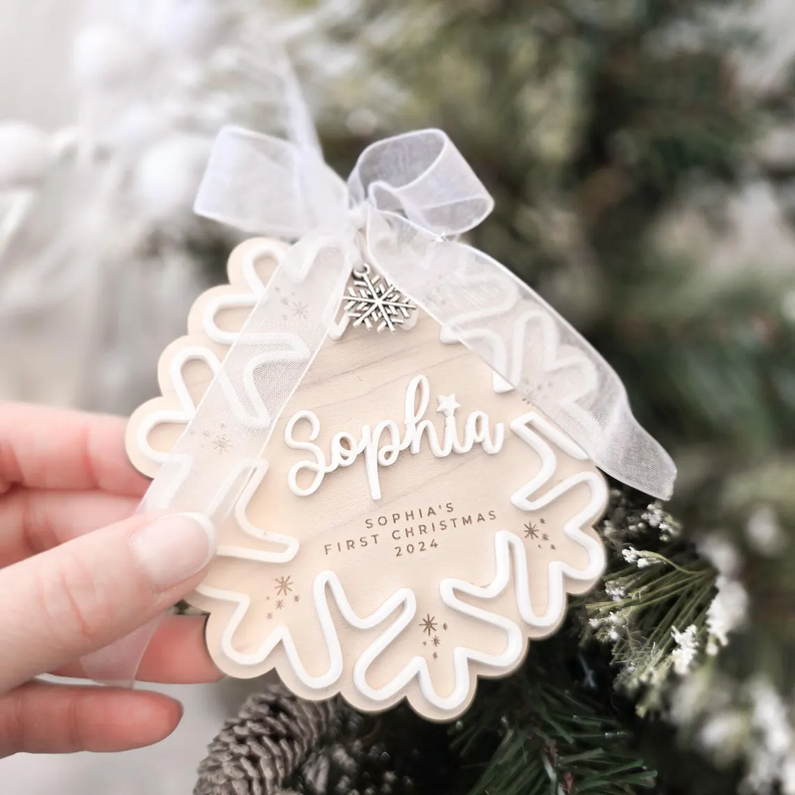 Custom Baby First Christmas Snowflake Ornament 2025 – Name & “First/Merry Christmas” - Image 2