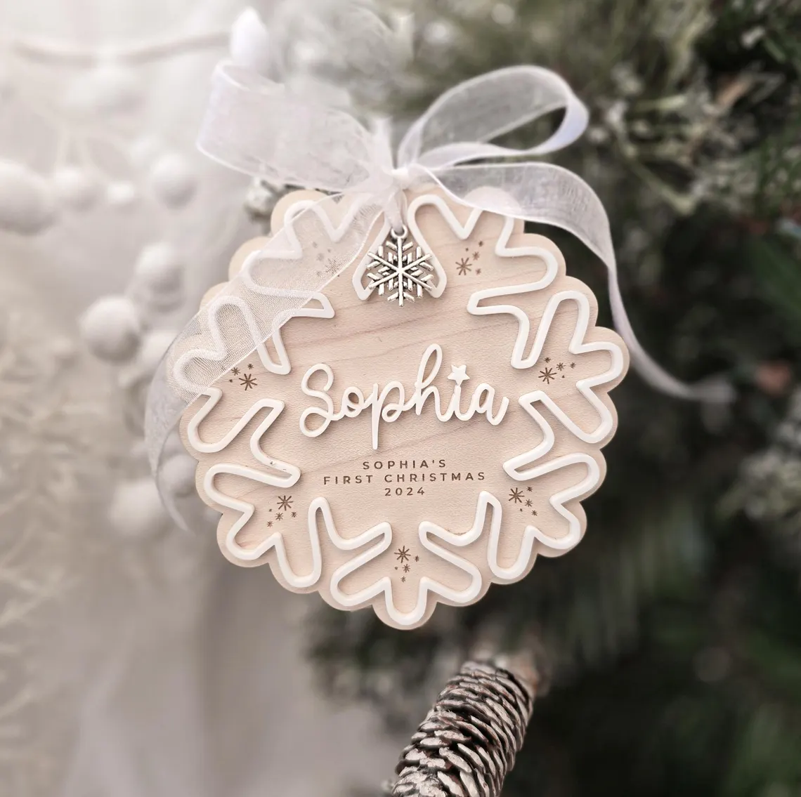 Custom Baby First Christmas Snowflake Ornament 2025 – Name & “First/Merry Christmas” - Image 3