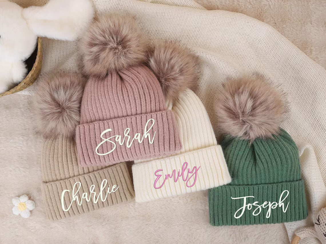 Personalized Embroidery Kids Crochet Beanie Hats – Custom Pom-Pom Winter Hats - Image 2