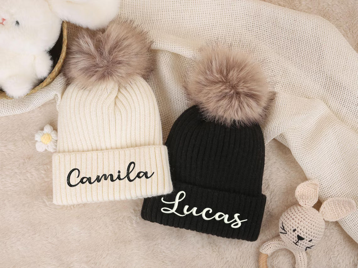 Personalized Embroidery Kids Crochet Beanie Hats – Custom Pom-Pom Winter Hats - Image 3
